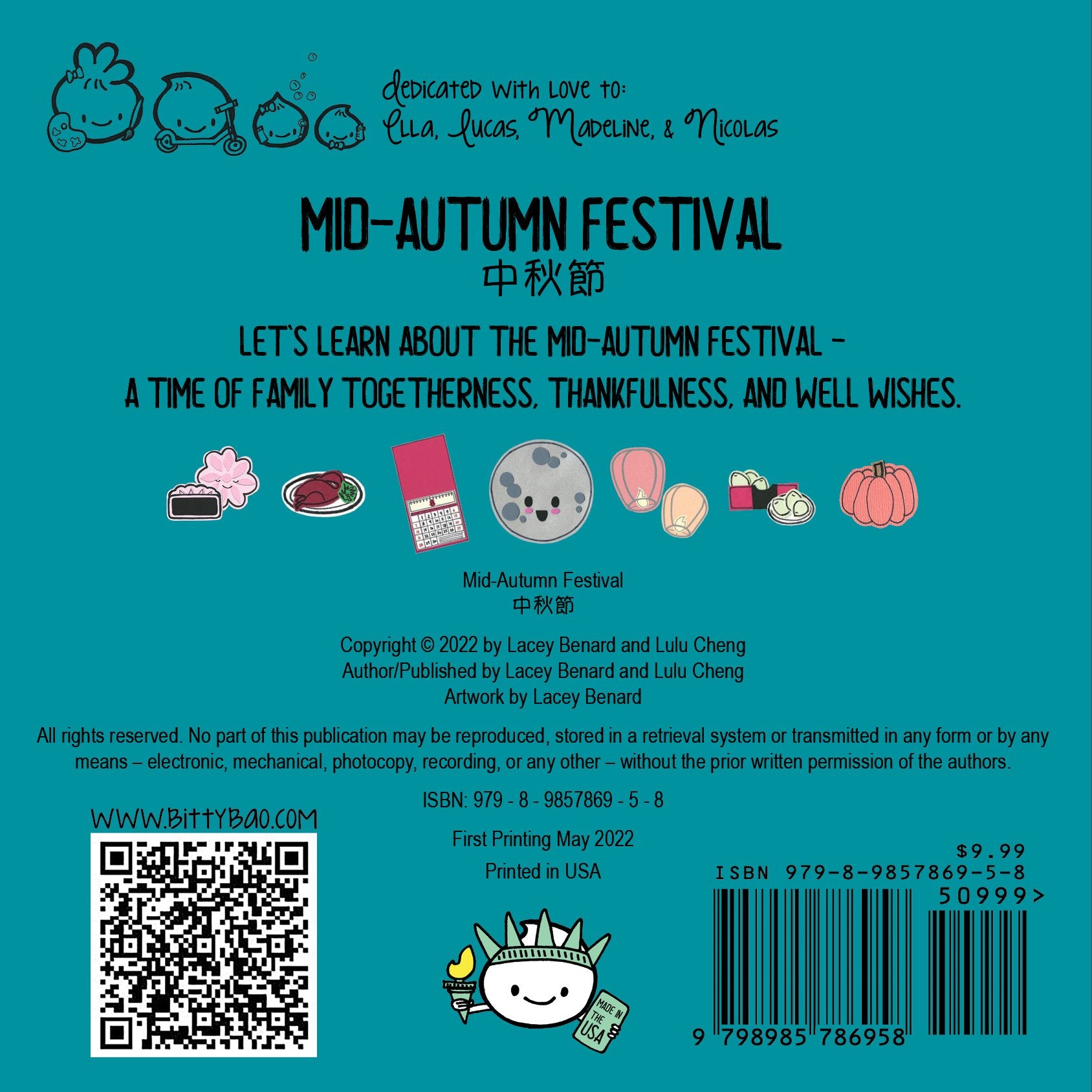 Mid-Autumn Festival 中秋節 back cover.  Let's learn about the Mid-Autumn Festival - a time of family togetherness, thankfulness, and well wishes.